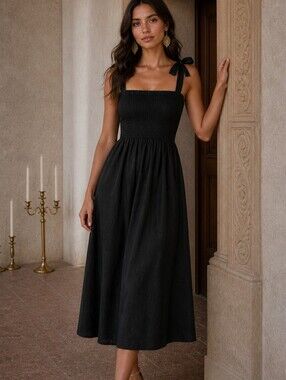 NWT Wilfred Aritzia Black Midi Dress Small XS Linen Stretchy Classy Minimalist